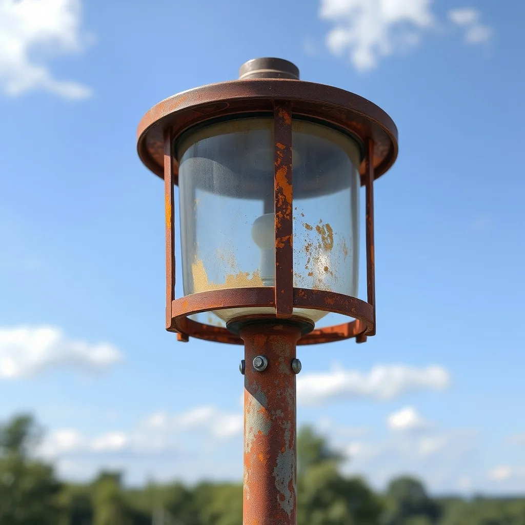 Rusted steel light pole showing corrosion on outdoor street lighting